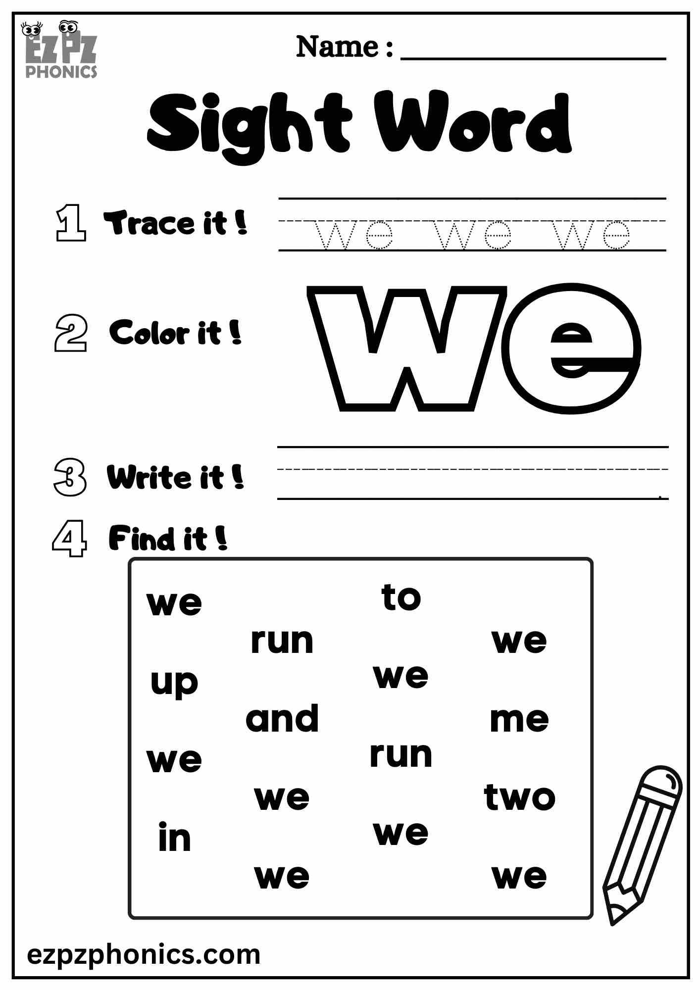 The We Sight Word Worksheet For Pre Kindergarten Dolch Sight Words Ezpzphonics Pre K Sight Word See Worksheet Dolch Sight Words TPT