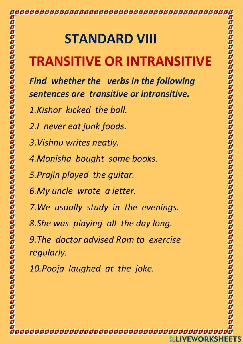 Transitive And Intransitive Verbs Worksheet Worksheets Library