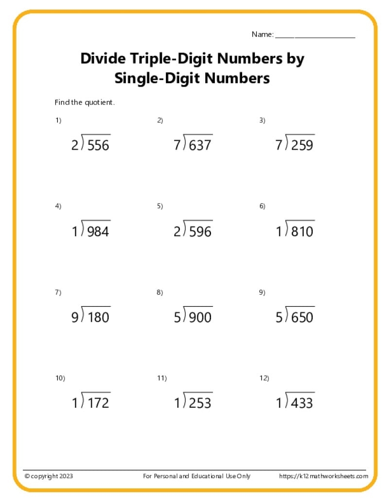 Triple Digit Division K12 Math Worksheets Triple Digit Division K12 Math Worksheets