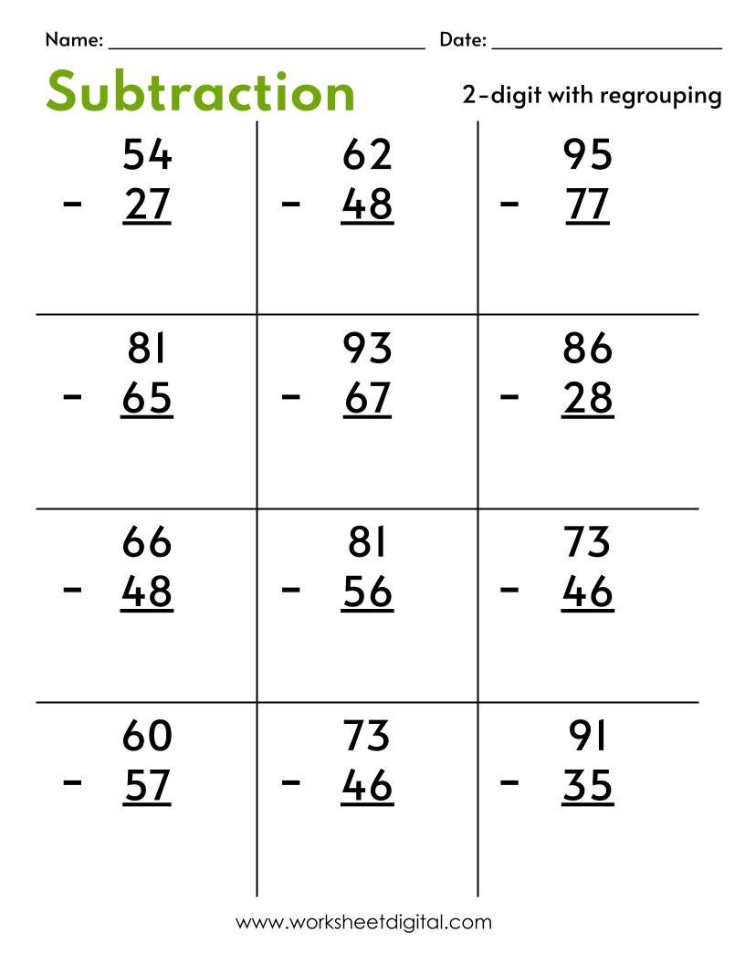 Two Digit Subtraction Worksheets With Regrouping PDF Etsy Hong Kong