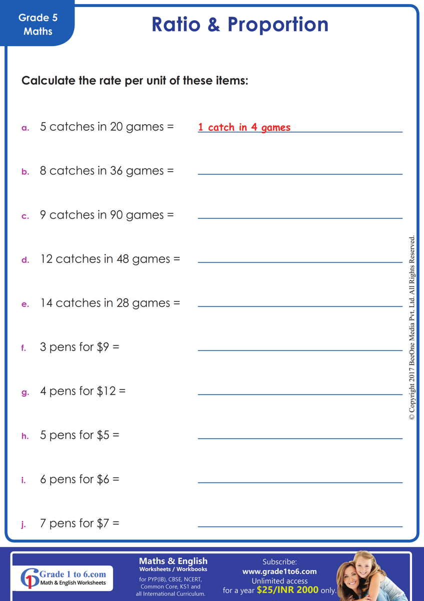 Unit Rates Worksheet Grade1to6