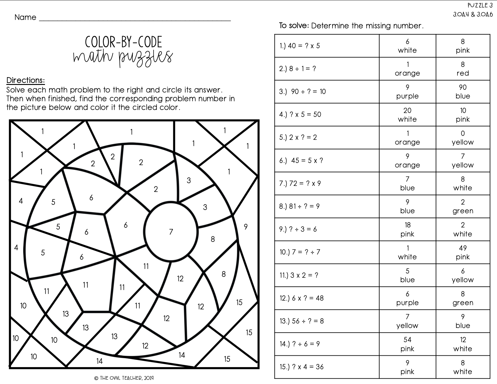 Unknown Number In An Equation Color By Number Color By Code The Owl Teacher