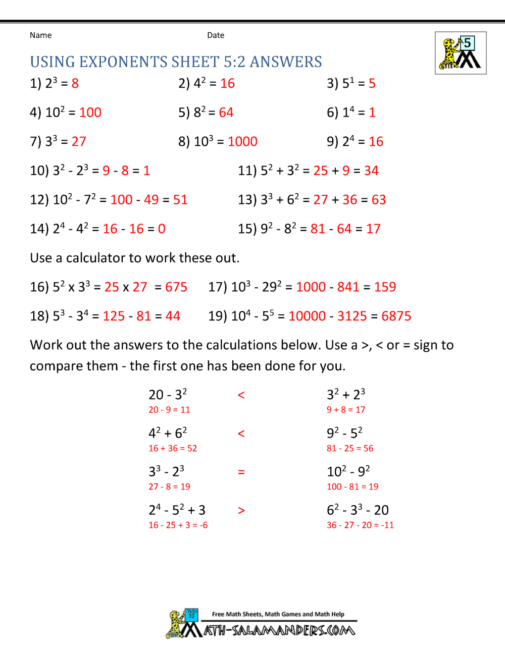 Using Exponents Sheet 2 Answers