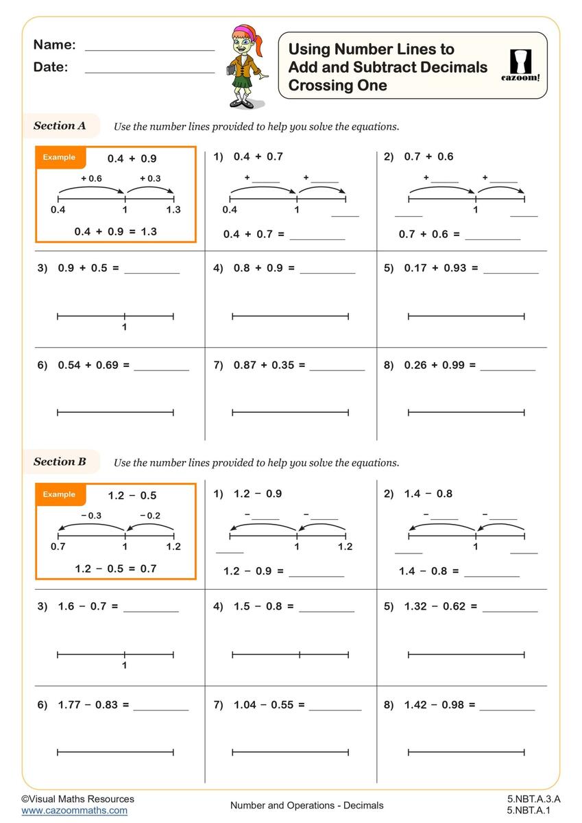 Using Number Lines To Add And Subtract Decimals Crossing One Worksheet Printable PDF 5th Grade Number Operations Worksheet Cazoom Math Adding Subtracting Decimals Worksheets