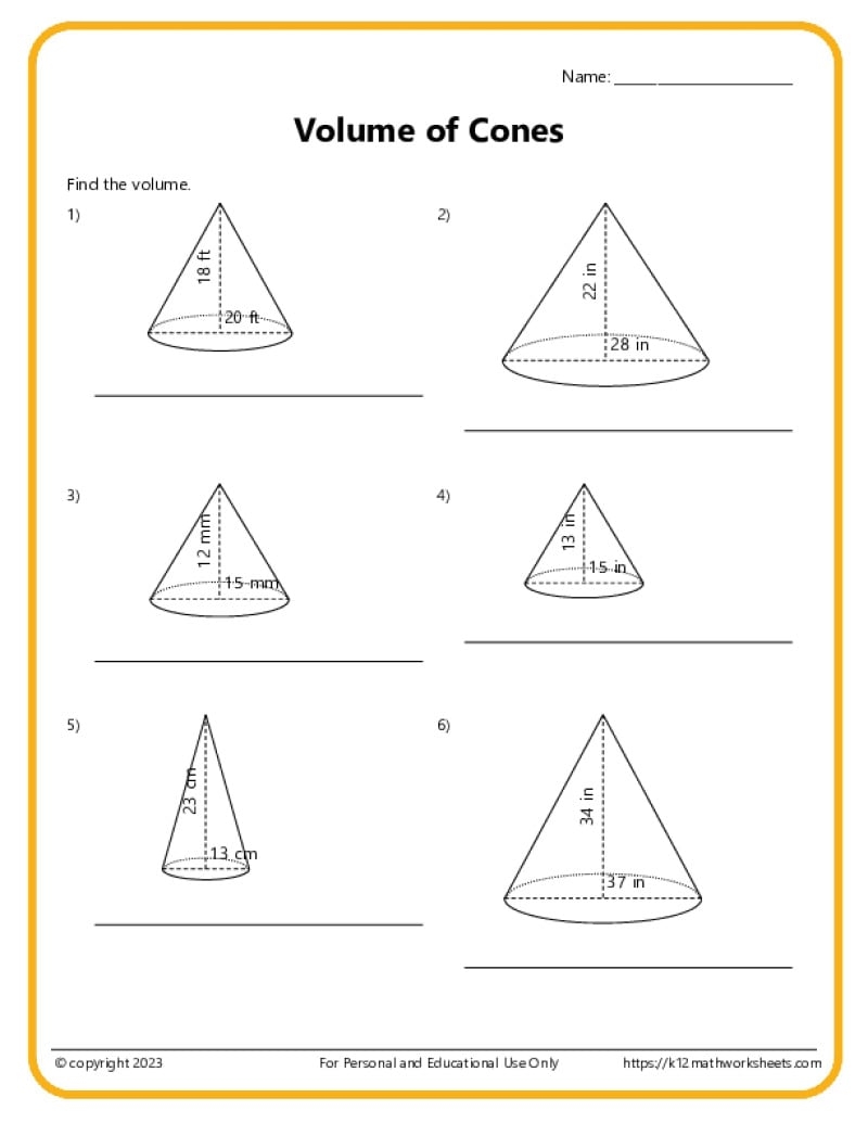 Volume And Surface Area Of Cones K12 Math Worksheets Volume Of Pyramids Cones And Spheres Worksheet Fun And Engaging 8th Grade PDF Worksheets Cazoom Math