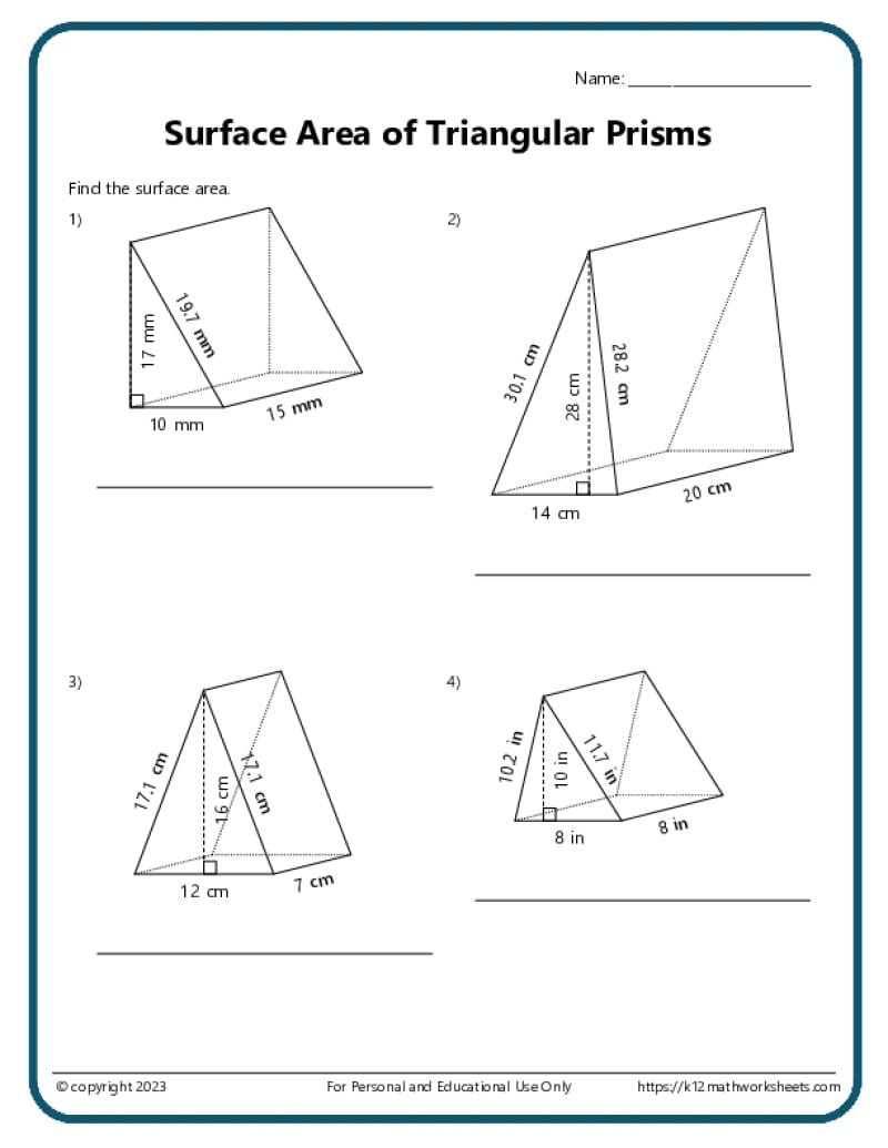Surface Area Of Prisms Worksheet Printable Maths Worksheets
