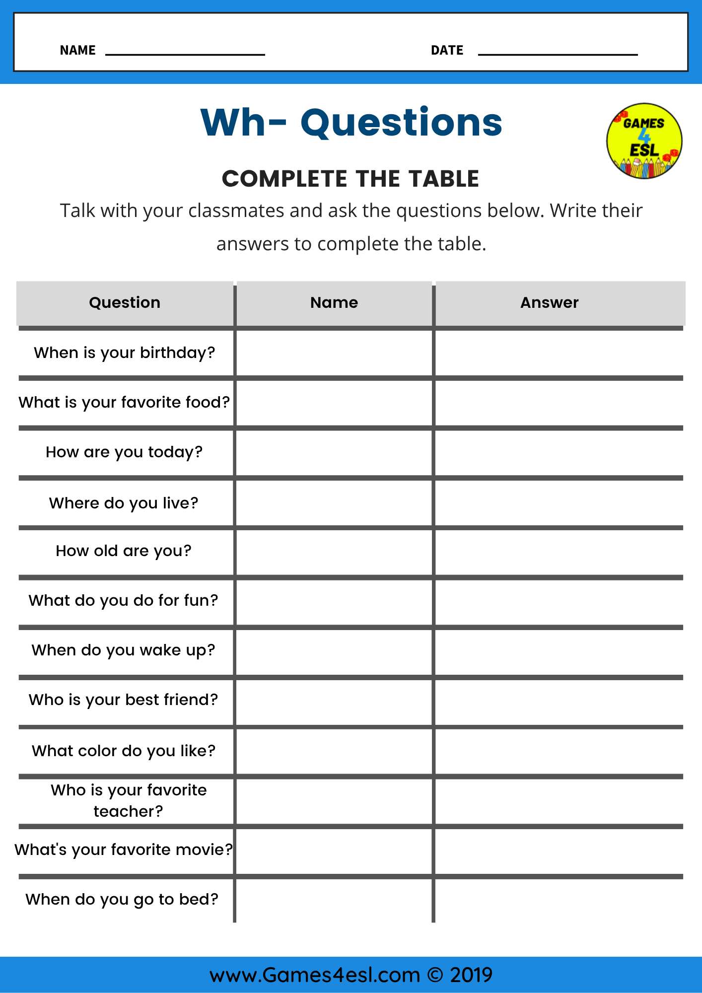 Wh Questions Worksheets Practice Who What When Where Why Which And How Games4esl 101 Wh Questions PDF Worksheets With Answers 2032 Exercises Grammarism