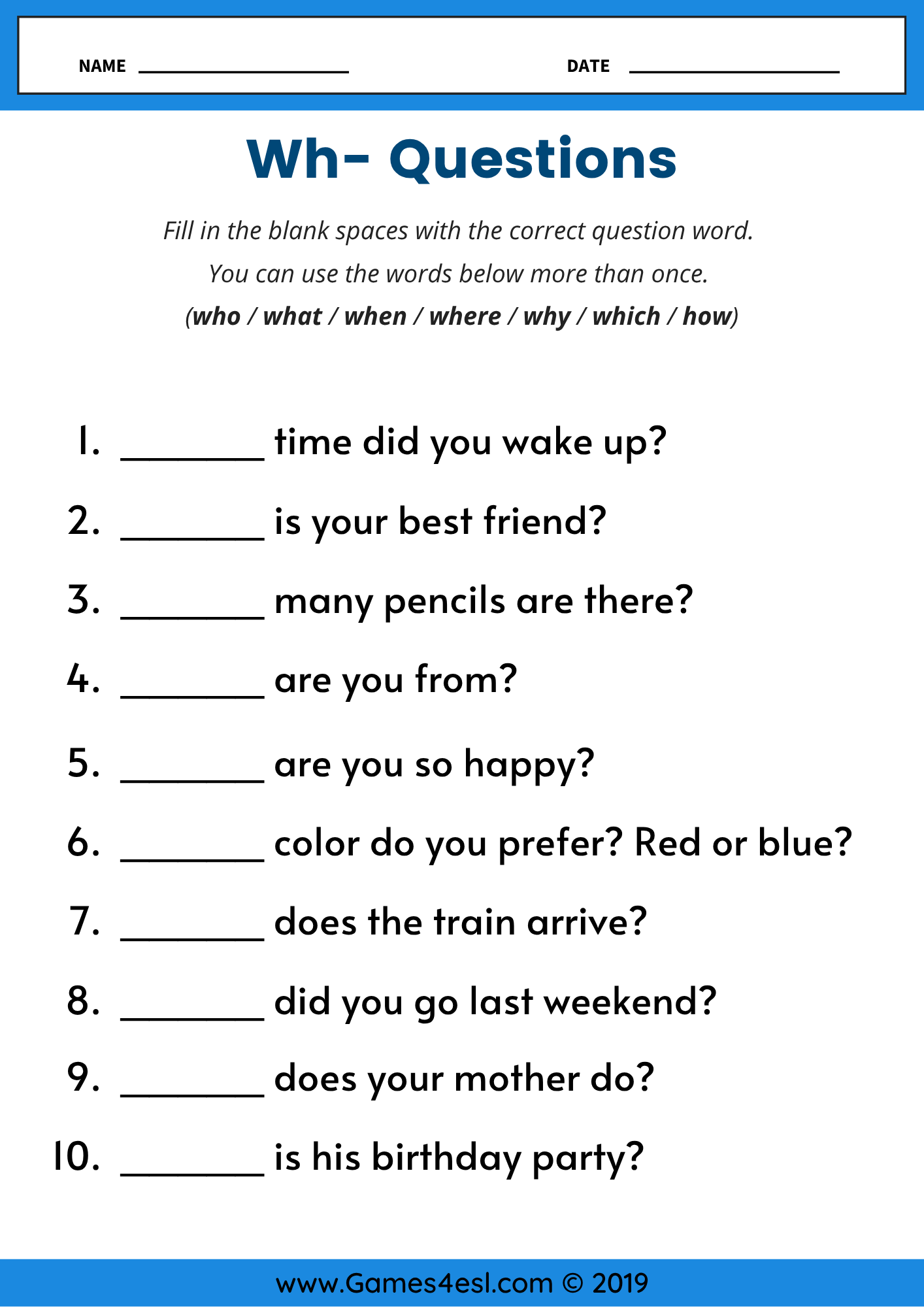 Wh Questions Worksheets Practice Who What When Where Why Which And How Games4esl