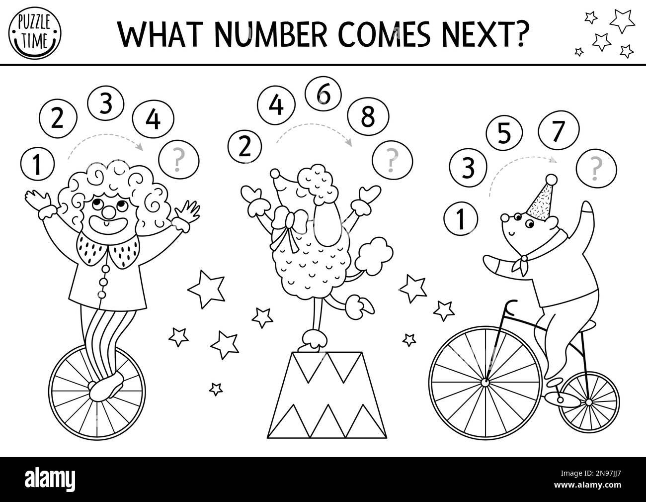 What Number Comes Next Black And White Continue The Row Game With Numerals And Cute Circus Artists Amusement Show Logical Math Coloring Page With Cl Stock Vector Image Art Alamy