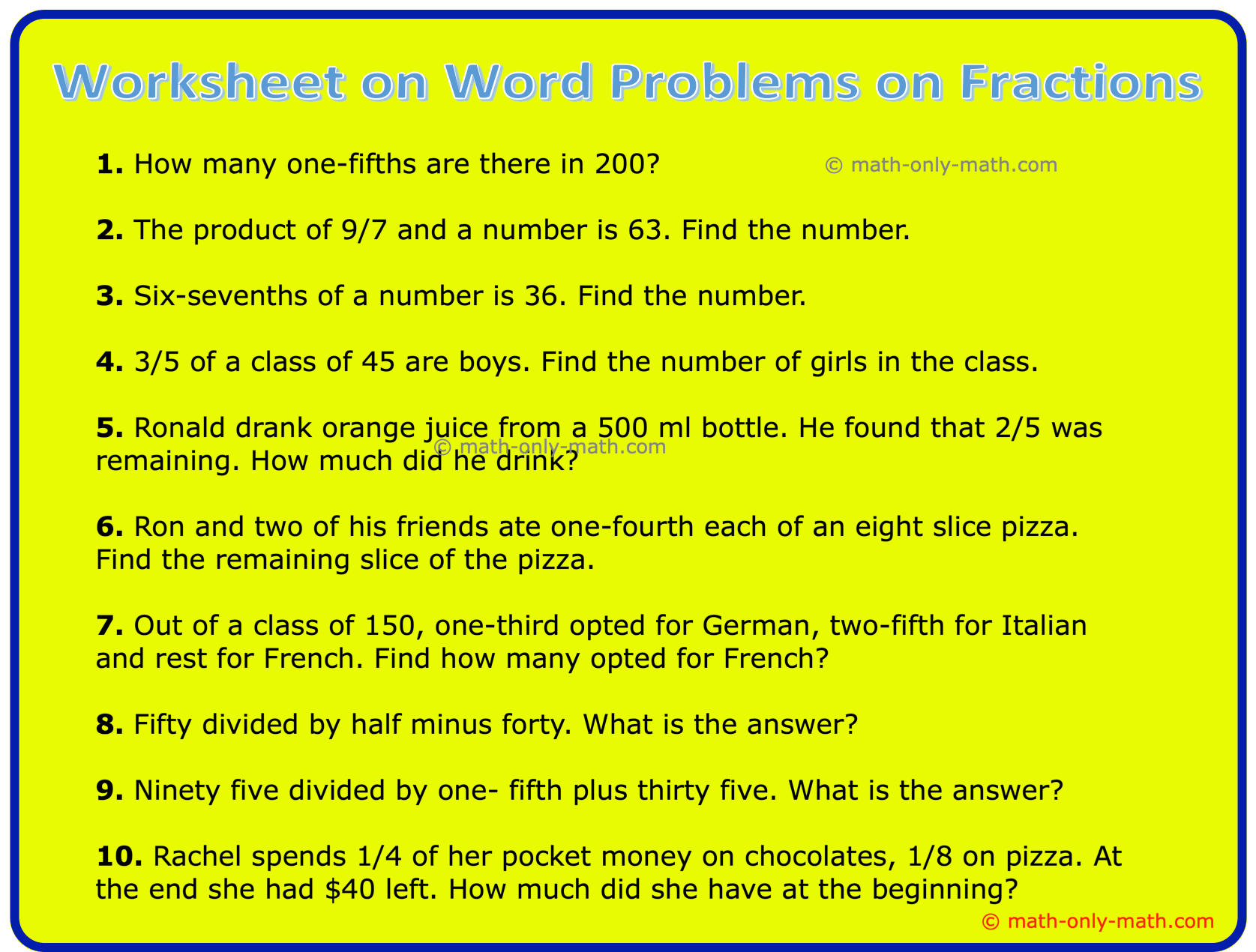 Word Problems Of Fractions Worksheets Math Worksheets MathsDiary