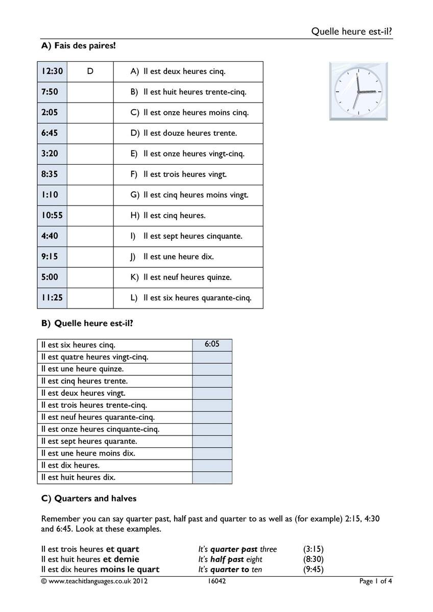 Worksheet Telling The Time KS3 French Teaching Resource Teachit Worksheet Telling The Time KS3 French Teaching Resource Teachit