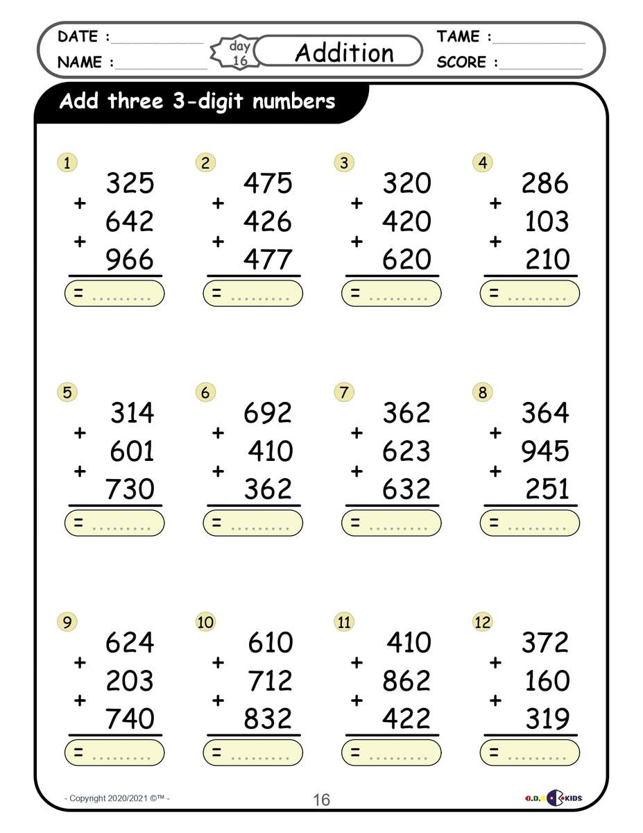 Worksheets On Adding Three Addends Adding 3 Digit Numbers With And Without Regro Made By Teachers
