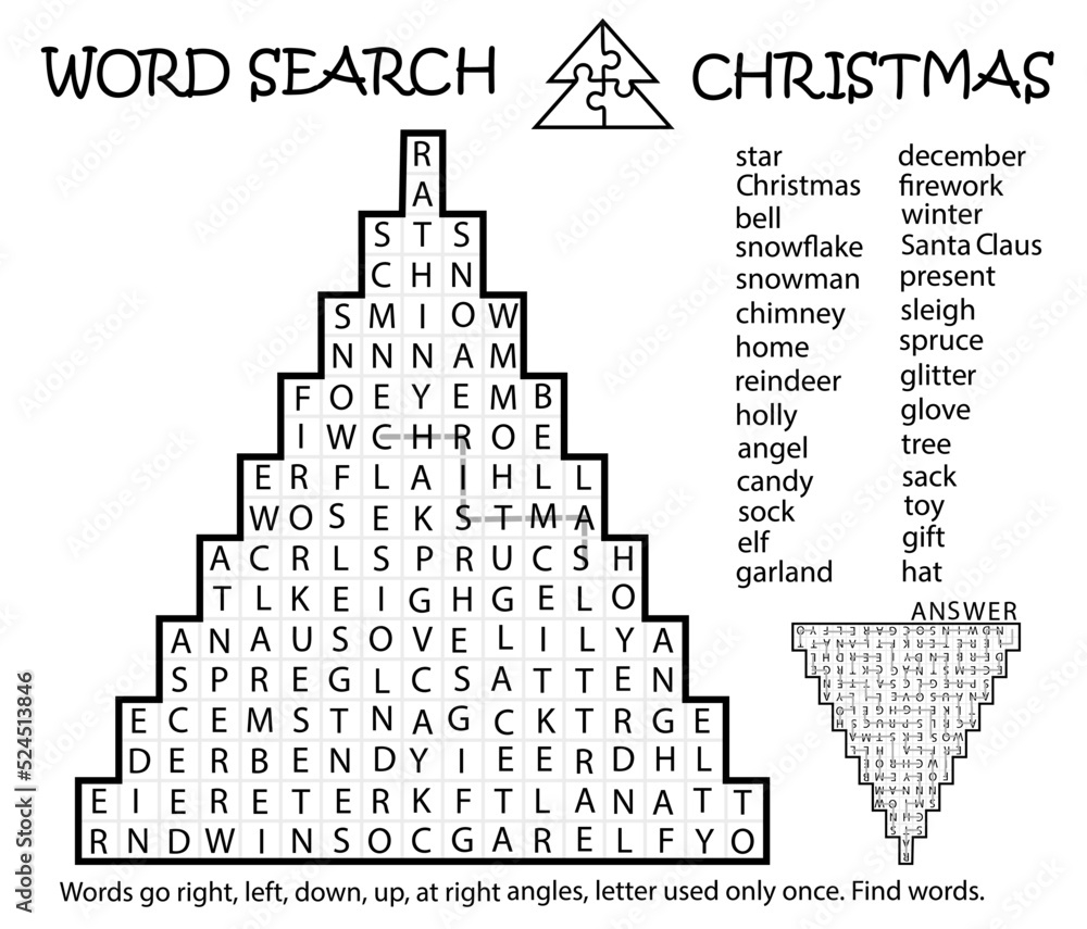 Zigzag Word Search Puzzle With Christmas Tree Words Go Right Left Down Up At Right Angles Letter Used Only Once Find Words Logic Game For Learning English Worksheet For Kids Adults Stock Vektor